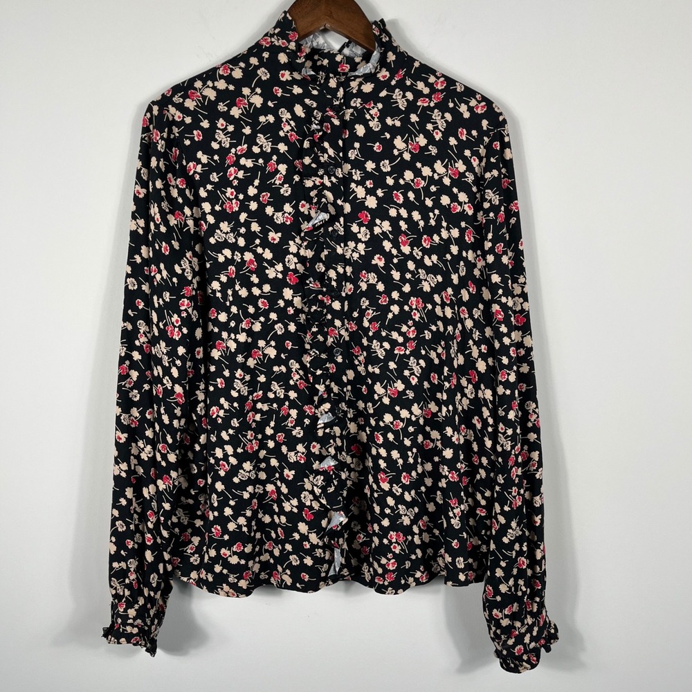 Chaps Womens XL Black Floral Ruffle Mock Neck Long Sleeve Viscose Blouse Top